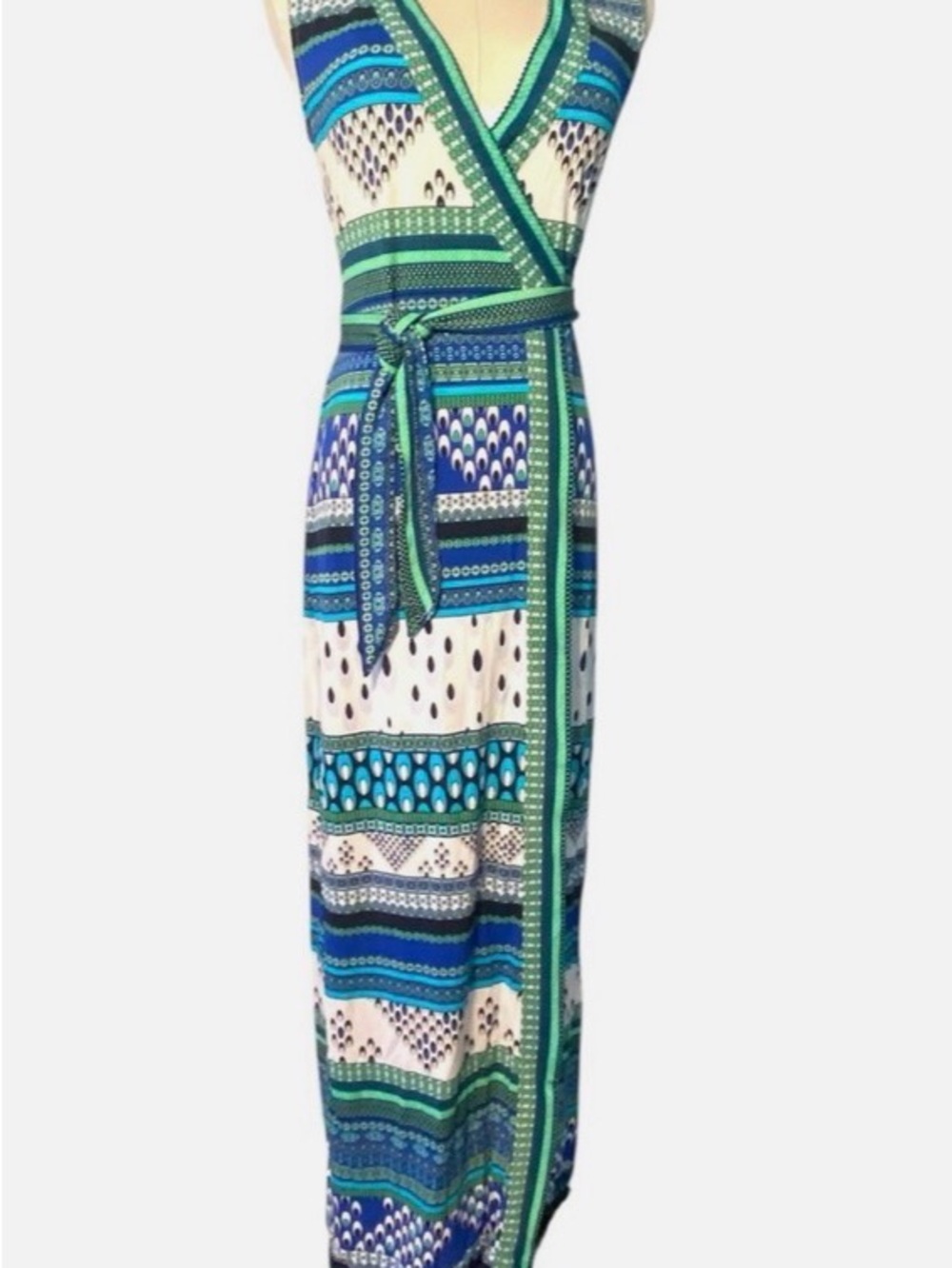 Diane Von Furstenberg Blue, Green & White Printed Wrap Maxi Dress. Size 4